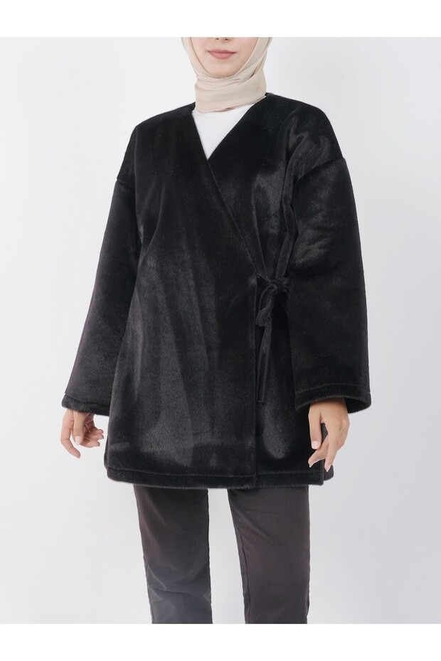 Side Tie Fur Jacket -Black - 2