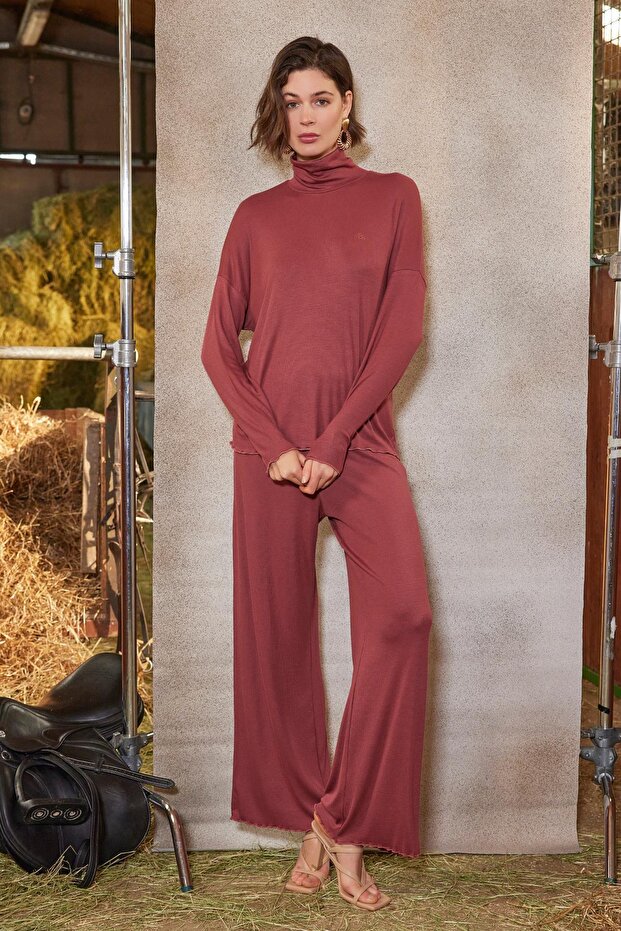 Turtleneck Stripe Patterned Bottom Top Set - 2