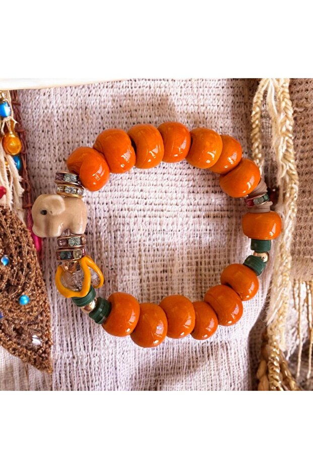 Orange Color Energy Handmade Design Ceramic Elephant Evil Eye Bodrum Glass Bead Bracelet