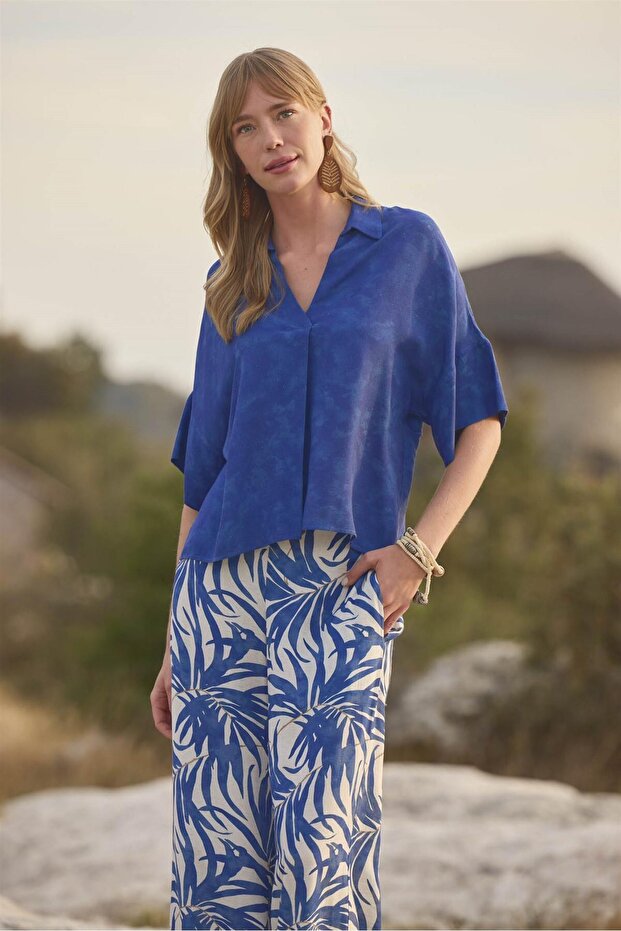 طقم علوي وقميص بطبعة أوراق الشجر وأزرار أمامية وياقة قميص - 4