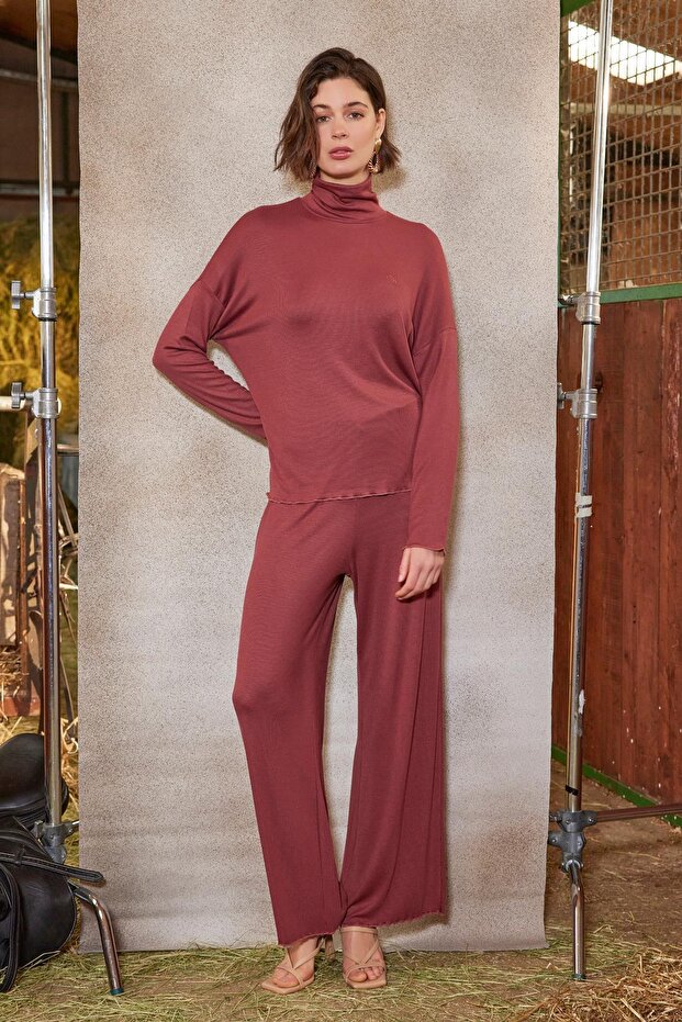 Turtleneck Stripe Patterned Bottom Top Set - 1