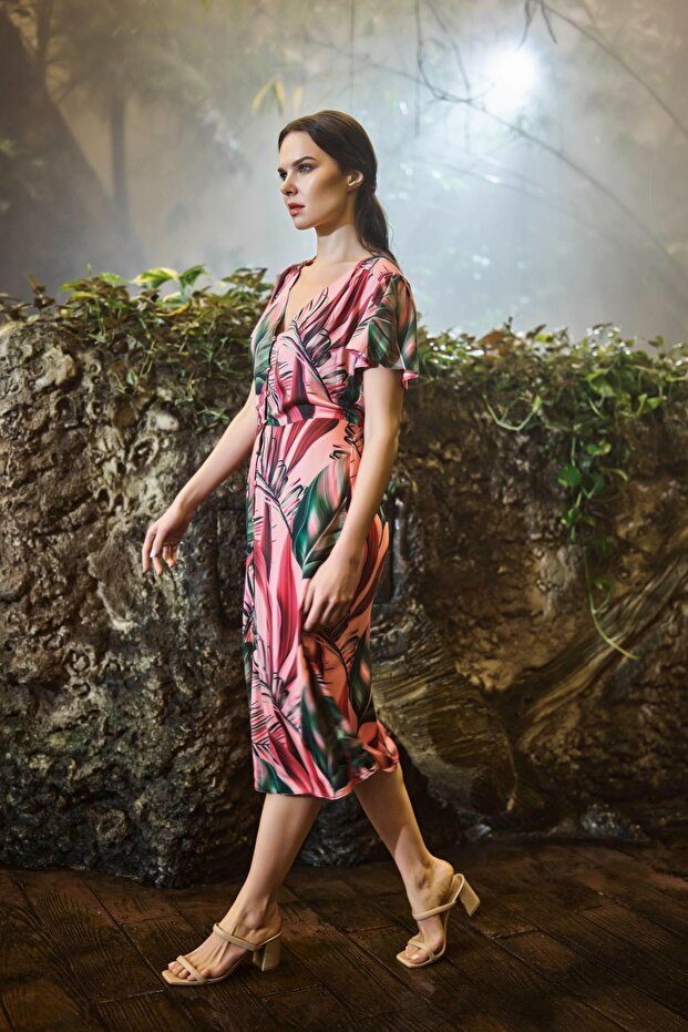 Leaf Patterned Front Buttoned Piece Satin Dress - 2