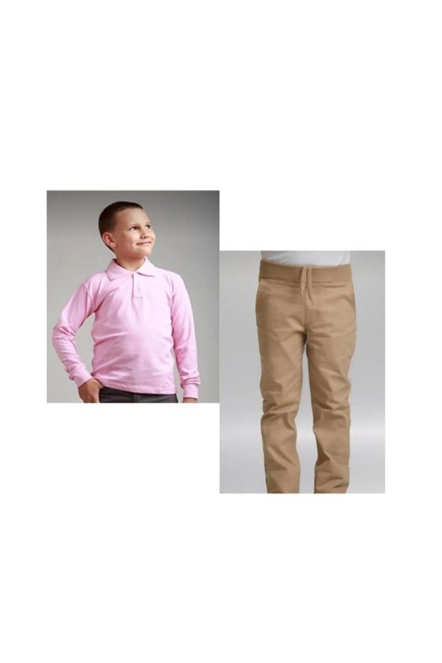 Girl-Boy Beige Ribbed Waist Canvas Pants Pink Long Sleeve Polo Collar 100% Cotton Lakos