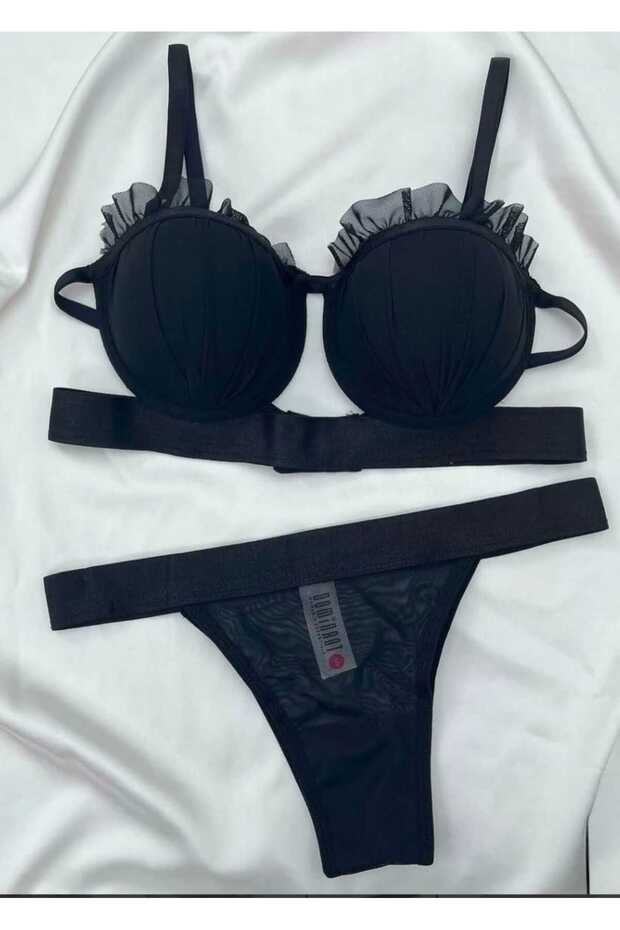 Mussel Model Satin Striped Padded Bra Panty Set Red Bralet and Panty Set