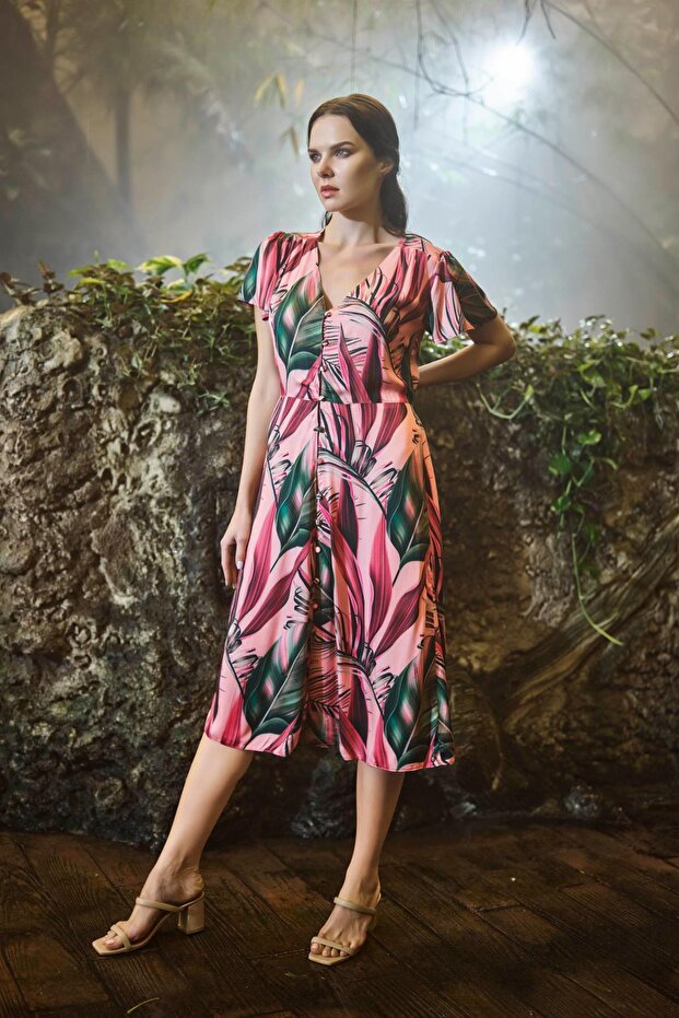 Leaf Patterned Front Buttoned Piece Satin Dress - 1