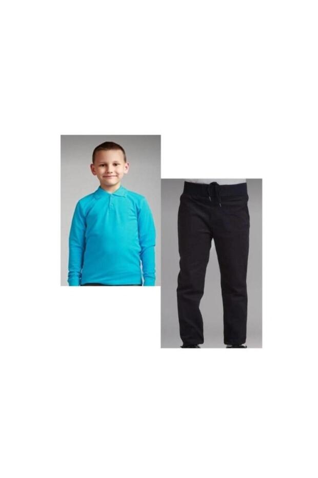 Girl-Boy Child Navy Blue Ribbed Waist Canvas Pants Turquoise Long Sleeve Polo Collar 100% Cotton