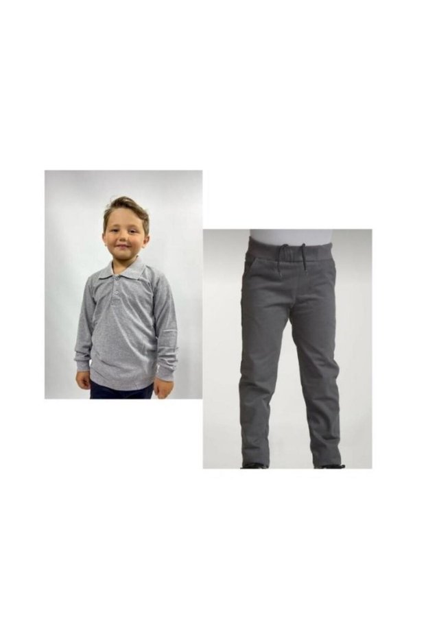Girl-Boy Gray Ribbed Waist Canvas Pants Gray Long Sleeve Polo Collar 100% Cotton Lakos