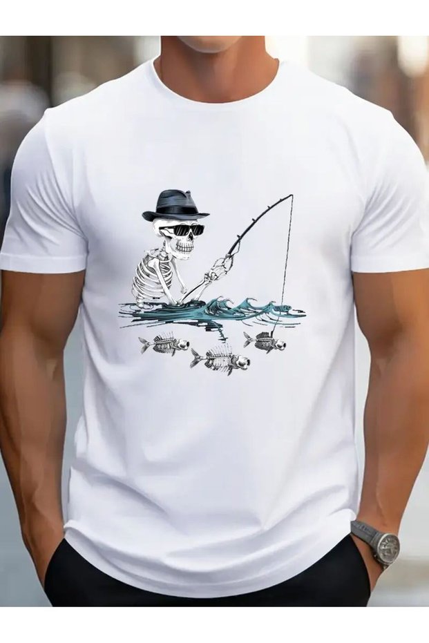Skull Fishing Printed Men's T-Shirt – Summer, Cotton, Comfortable, Short Sleeves