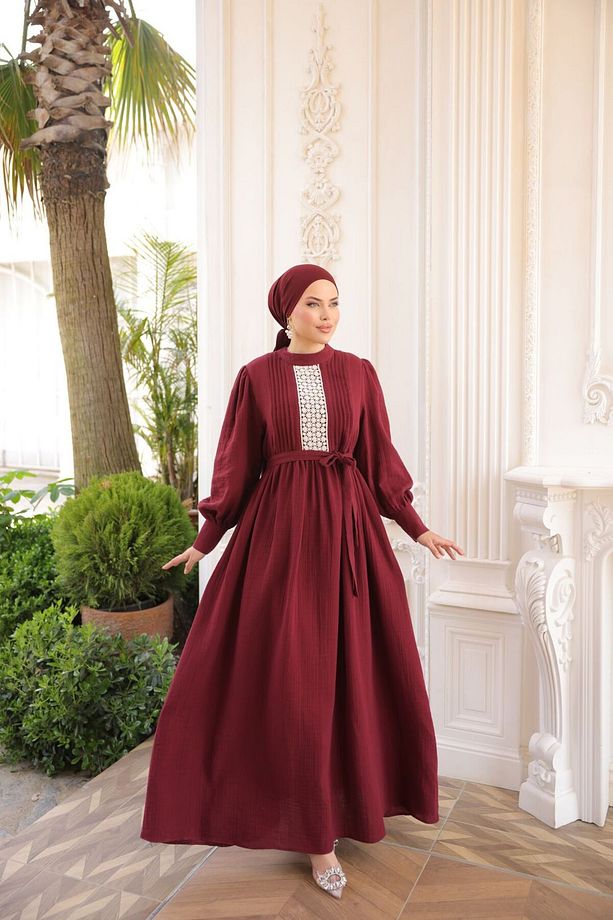Ankanoor Dantel ve Nervürlü Müslin Elbise Anka255087 - 4