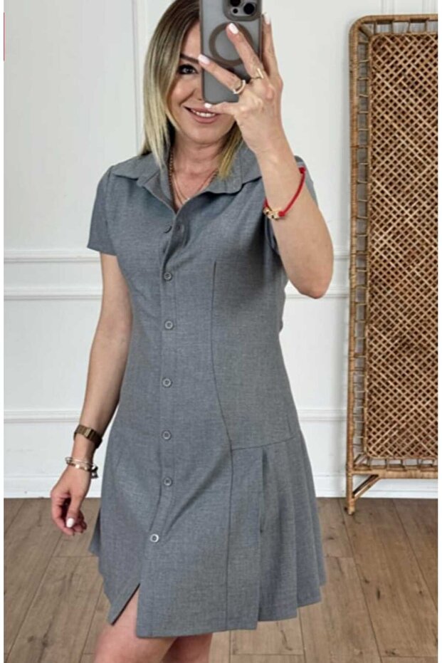 Front Buttoned Gray Dress - 1