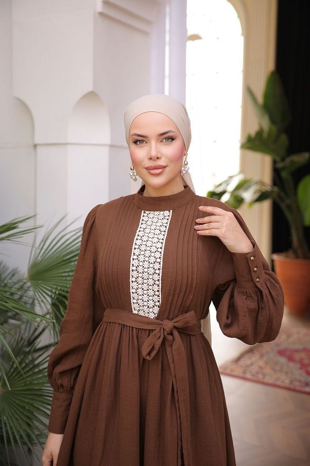 Ankanoor Dantel ve Nervürlü Müslin Elbise Anka255087 - 3