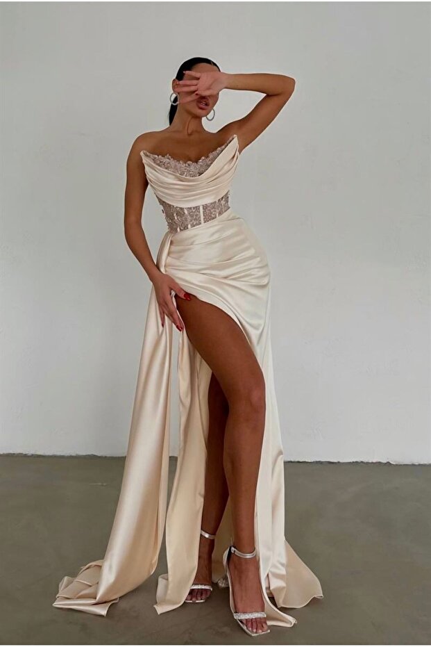 Strapless and sheer detail elegant satin evening dress, true to size.