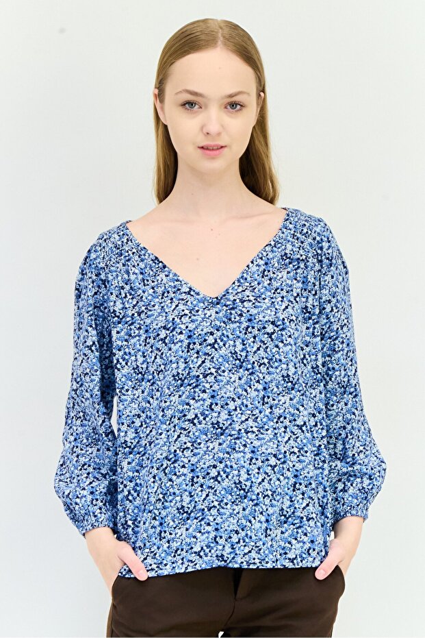 Women V-neck Long Sleeve Floral Print Top, Multicolor