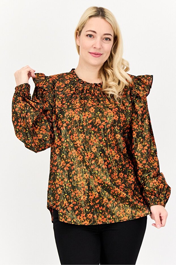 Women Round Neck Long Sleeve Floral Print Blouse, Multicolor