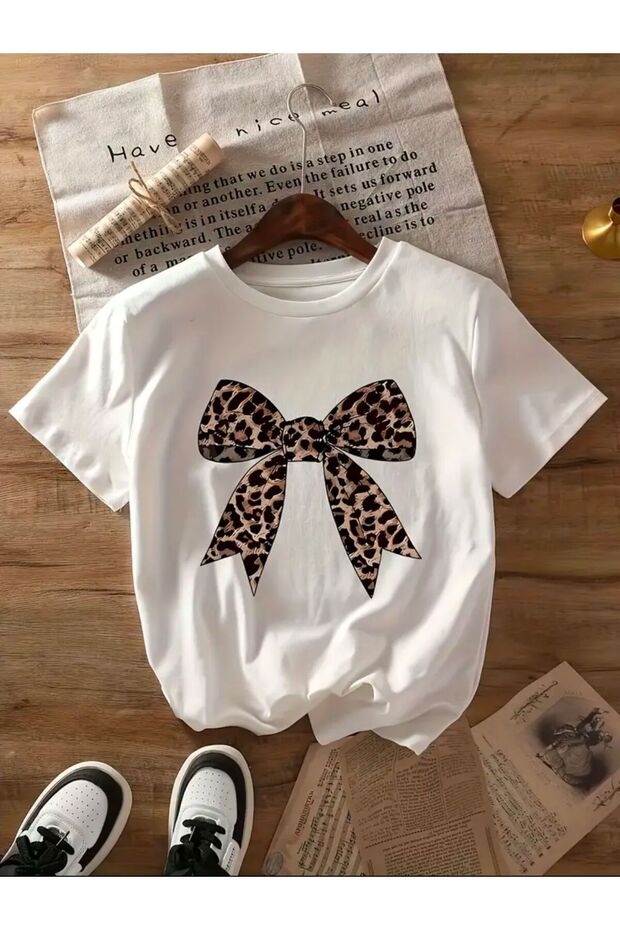 Basic T-Shirt with Leopard Pattern and Ribbon Detail - 1
