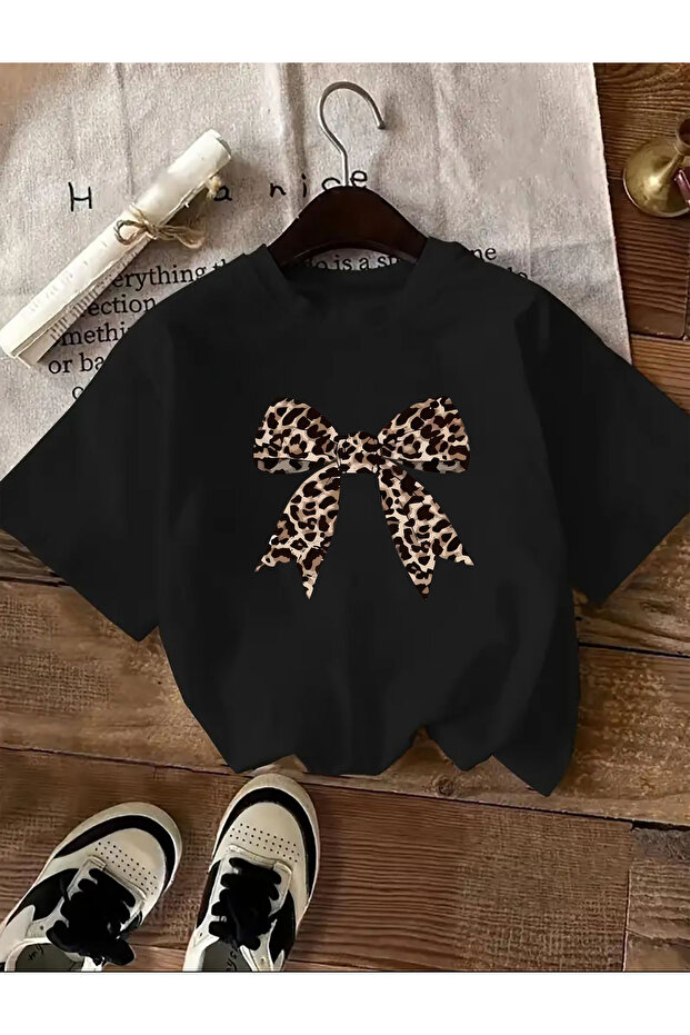 Basic T-Shirt with Leopard Pattern and Ribbon Detail - 1