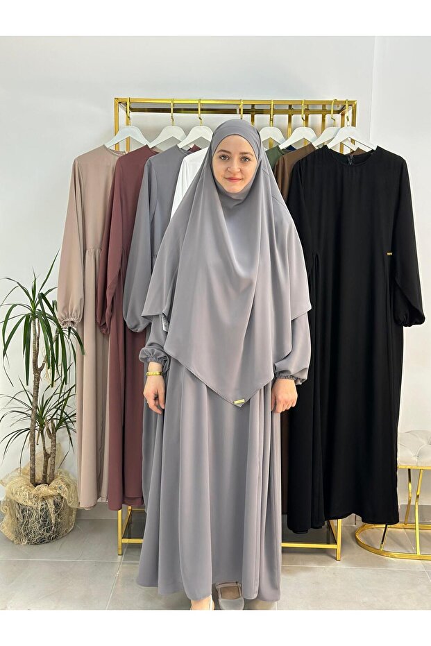 Side Gathered Dress, Souffle Scarf Set, Jilbab, Abaya, Hijab (Suitable for Hajj and Umrah) Gray