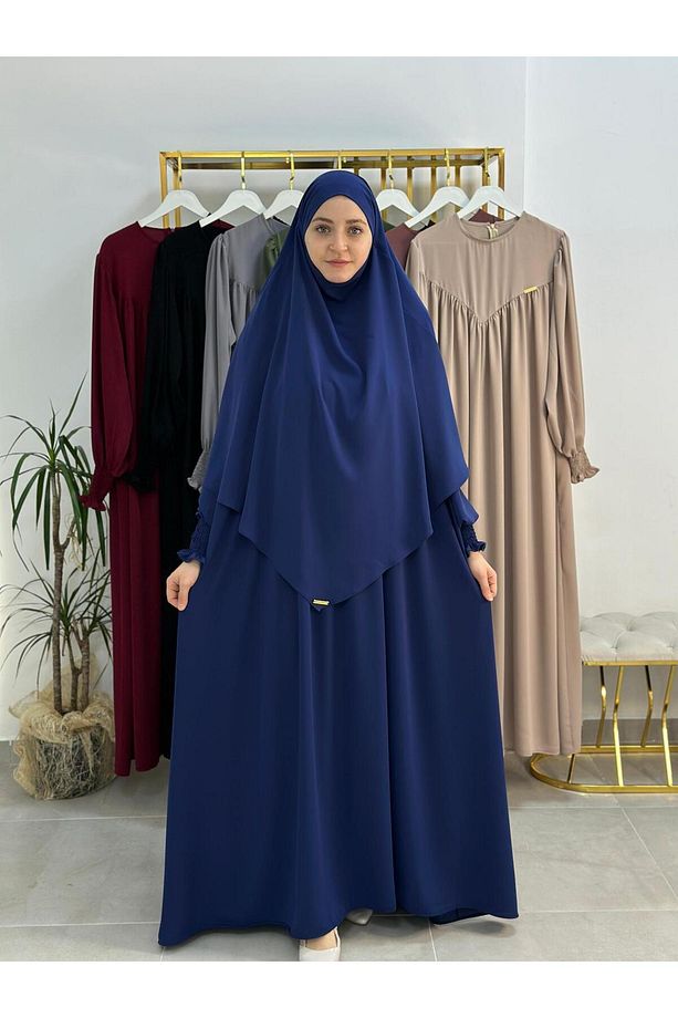 Tesettür Elbise,önü V Model Büzgülü,sufle Esarpla Takım.hijap ,khimar.hac Umre Için Uygundur Indigo - 2