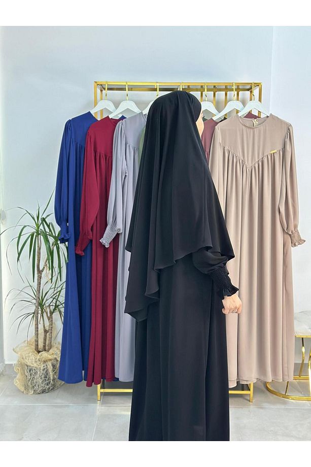 Tesettür Elbise,önü V Model Büzgülü,sufle Esarpla Takım.hijap ,khimar.hac Umre Için Uygundur Siyah - 4