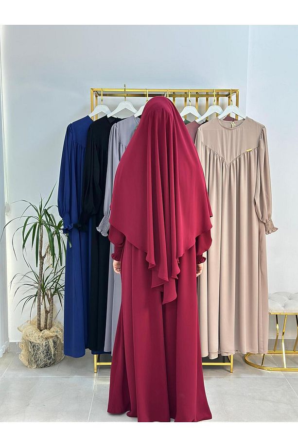 Tesettür Elbise,önü V Model Büzgülü,sufle Esarpla Takım.hijap ,khimar.hac Umre Için Uygundur Bordo - 6