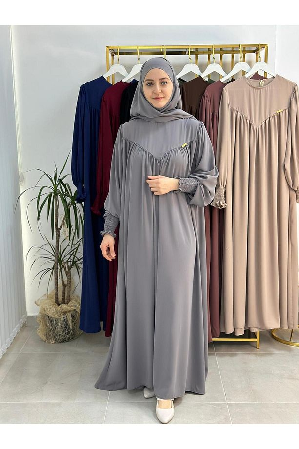 Tesettür Elbise,önü V Model Büzgülü,sufle Esarpla Takım.hijap ,khimar.hac Umre Için Uygundur Gri - 7