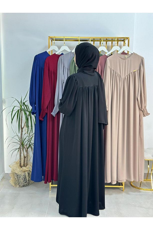 Tesettür Elbise,önü V Model Büzgülü,sufle Esarpla Takım.hijap ,khimar.hac Umre Için Uygundur Siyah - 7