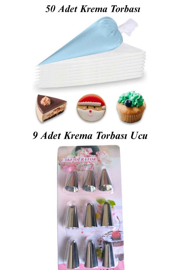 2 li Set 9 lu Krema Torbası Ucu + 50 Adet Krema Sıkma Poşeti Krem Şanti Sıkma Torbası Pasta Süsleme - 1