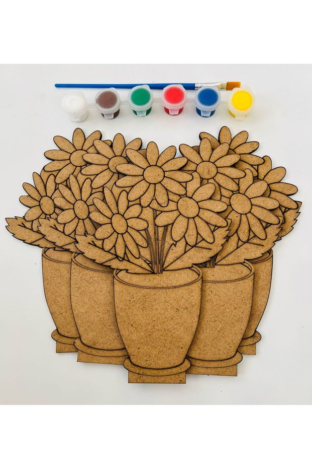 Wooden Coloring Game – 5-Piece Vase Flower Figure + Acrylic Paint and Brush | Educational Wooden Toy Set