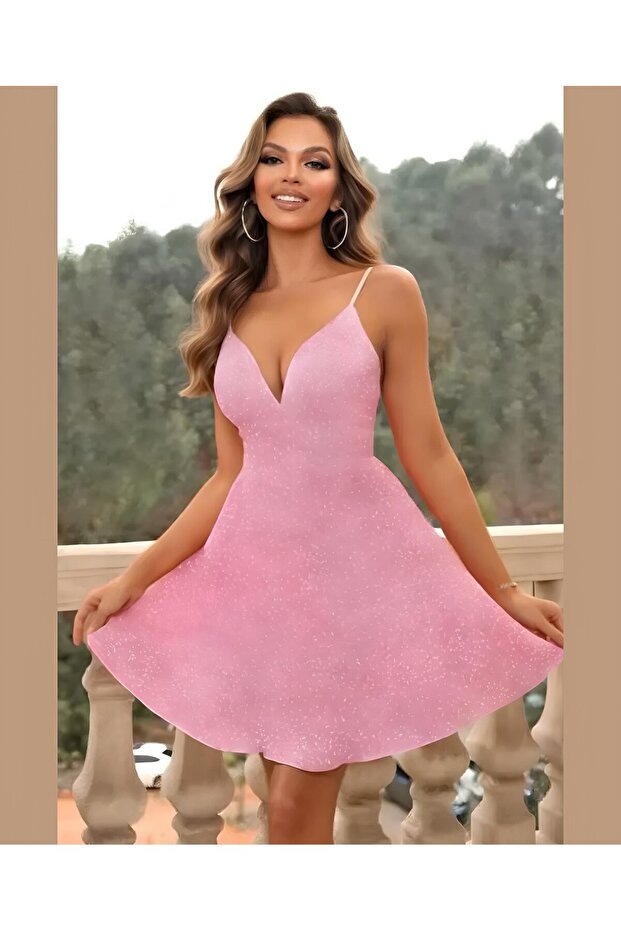 Intive Powder Pink Glitter V Neck Thin Strap Mini Evening Dress/Nightgown