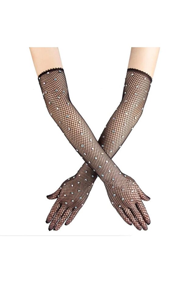 Black Color Pearl Diamond Embroidered Mesh Knit Long Gloves 45 cm