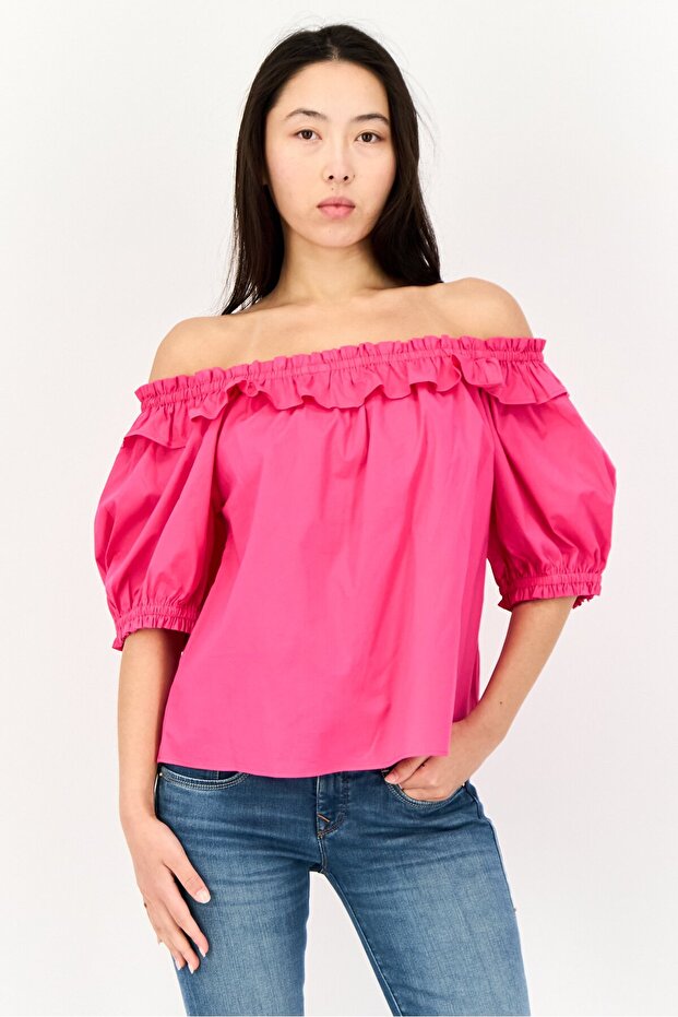 Women Square Neck Cold Shoulder Ruffle Detail Blouse, Dark Pink