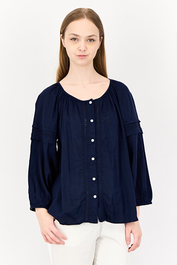 Women Round Neck Long Sleeves Embroidered Top, Navy