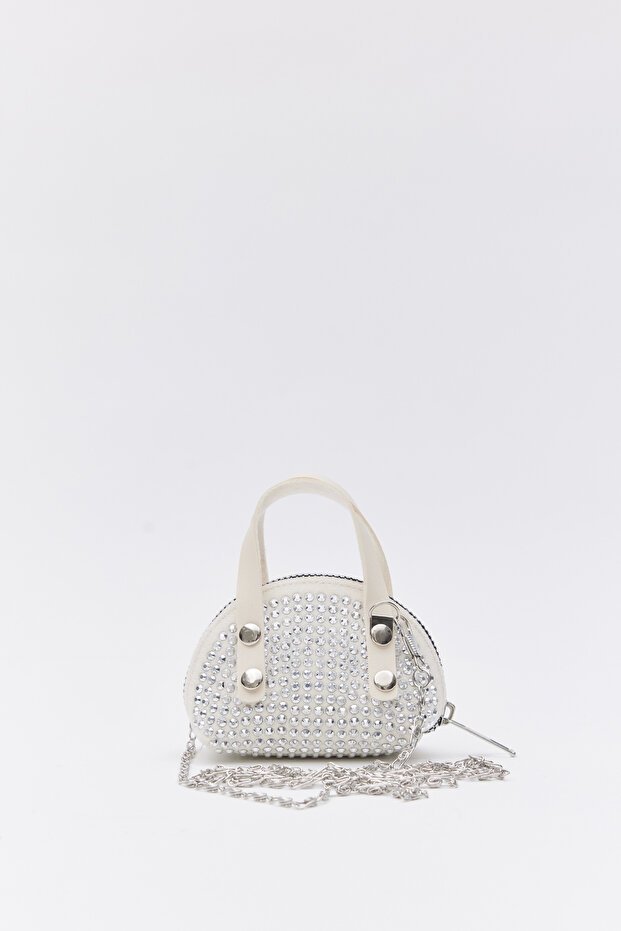 Cream D12 Stone Mini Size Chain Single Compartment Faux Leather Women's Wallet B:7 E:10 W:6