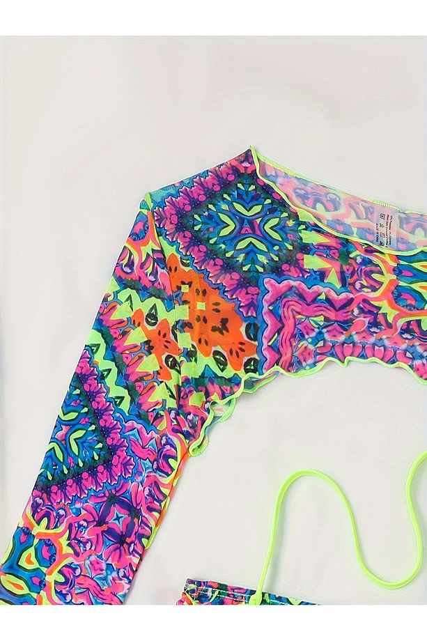 Renkli Sarı Etekli ve Üstlü 4'lü Bikini Takımı - 3