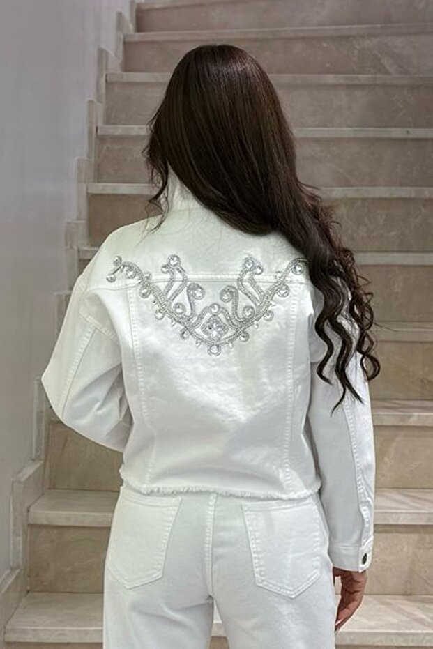 Taşlı beyaz denim ceket - 2