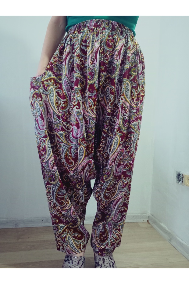 Viskon Basma Kumaş Çiçek Desenli Cepli Şalvar %100 Pamuk - 1