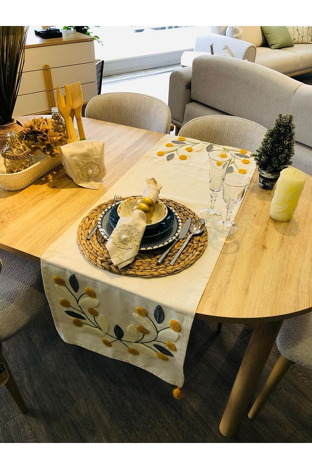Punch Nakışlı Runner & Amerikan Servisi & Masa Örtüsü & Sehpa Örtüsü 40*130 Cm, Duck Kumaş - 3