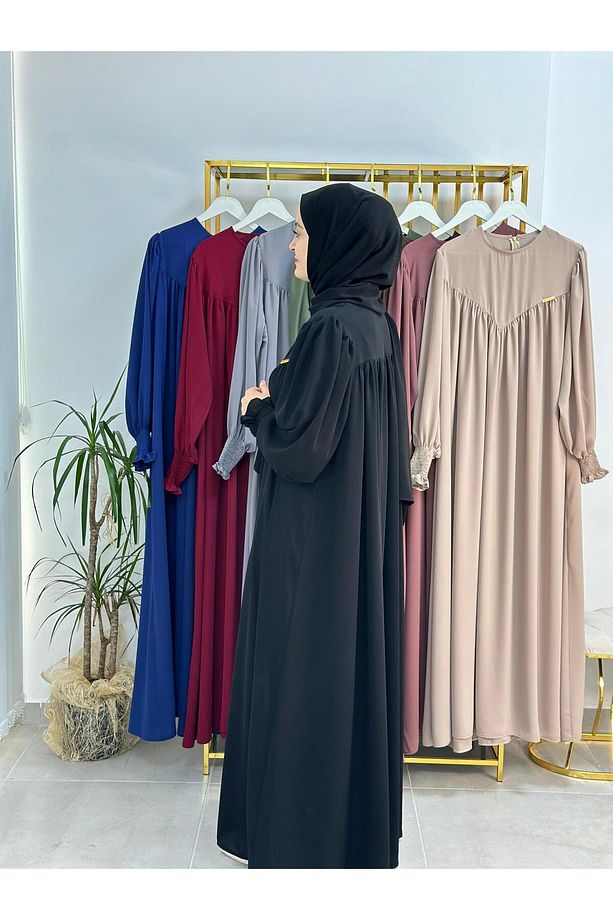 sallı ,önü V model büzgülü tesettür elbise takım ,ferrace,abaya, hicab,hac ve umre için uygun siyah - 4