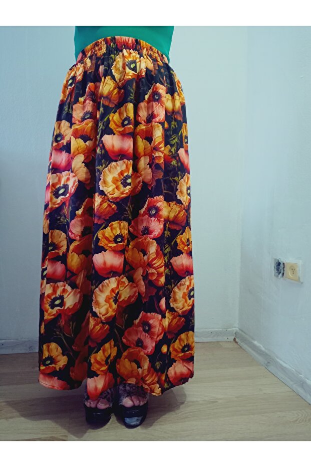Elastic Waist Vibrant Colorful Patterned Viscose Press Fabric Maxi Length Skirt