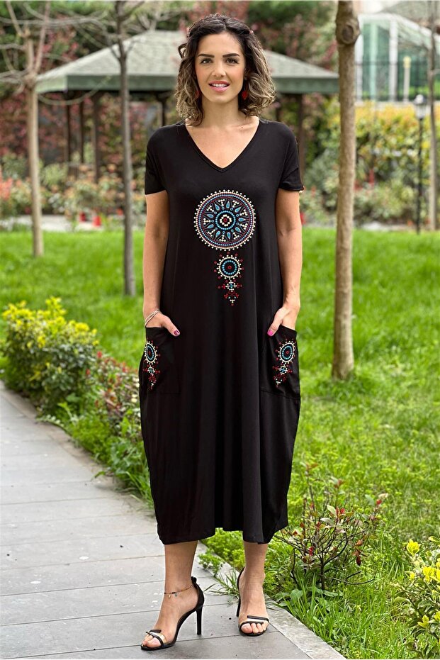 Black Flower of Life Embroidered Dress