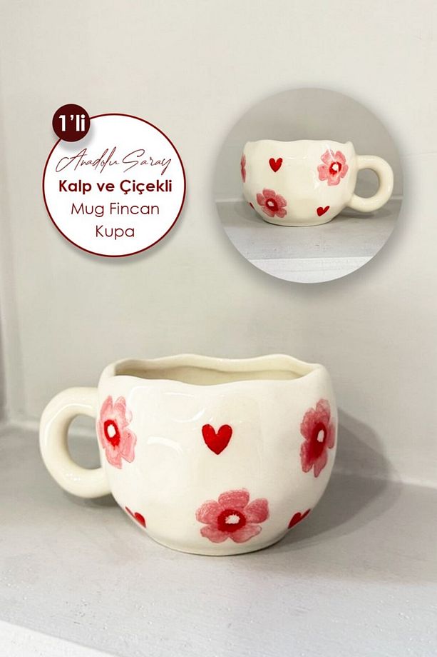 El Yapımı Seramik Kalp ve Çiçekli Mug Kupa Fincan  | Mug Fincan Kupa Kahve Kupası - 3