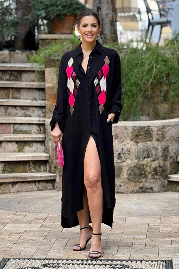 Black Collar Baklava Sequined Shirt Dress