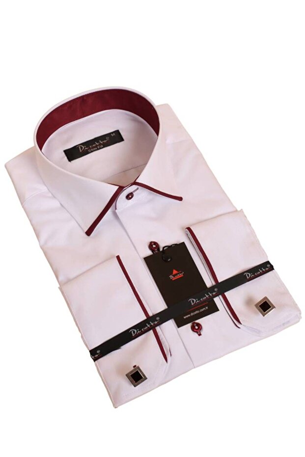 Men's Slim Fit Shirt - White, Claret Red, Micro Fabric, Collar Slim Fit, Cufflinks - 216-3