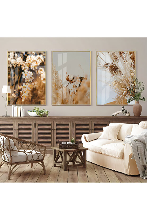 Hari̇kabi̇rev | Soft-White Most Stylish Flower Combination 5 | Framed Tempered Glass Table 3 Pieces Vertical