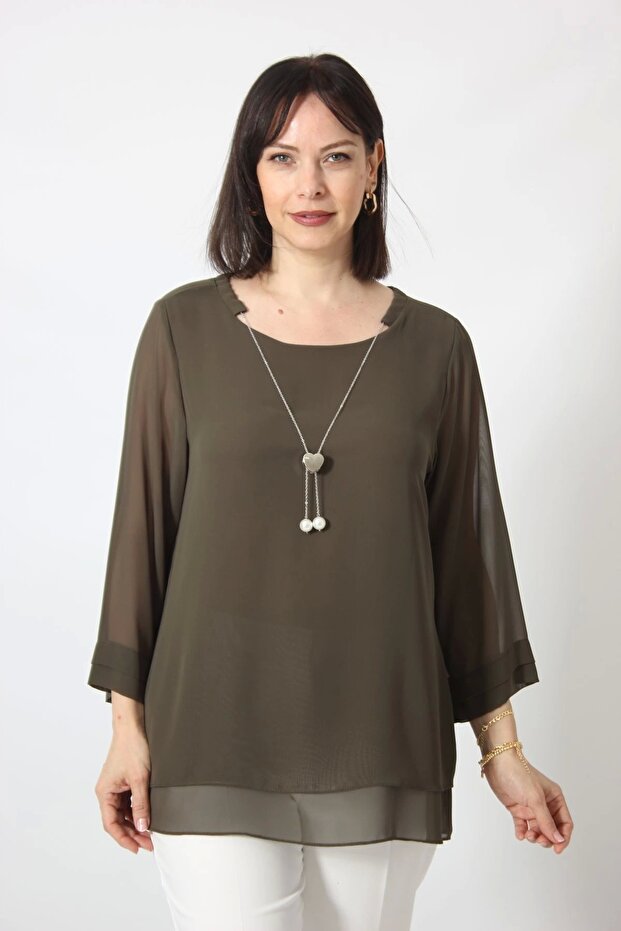 1934 Necklace Chiffon Plus Size Stylish Blouse Khaki