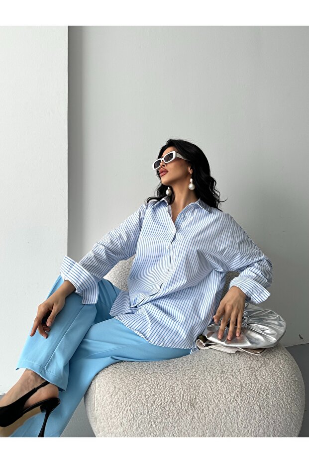 çizgili poplin gömlek - 7