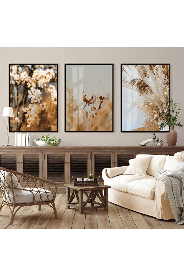 Hari̇kabi̇rev | Soft-White Most Stylish Flower Combination 5 | Framed Tempered Glass Table 3 Pieces Vertical