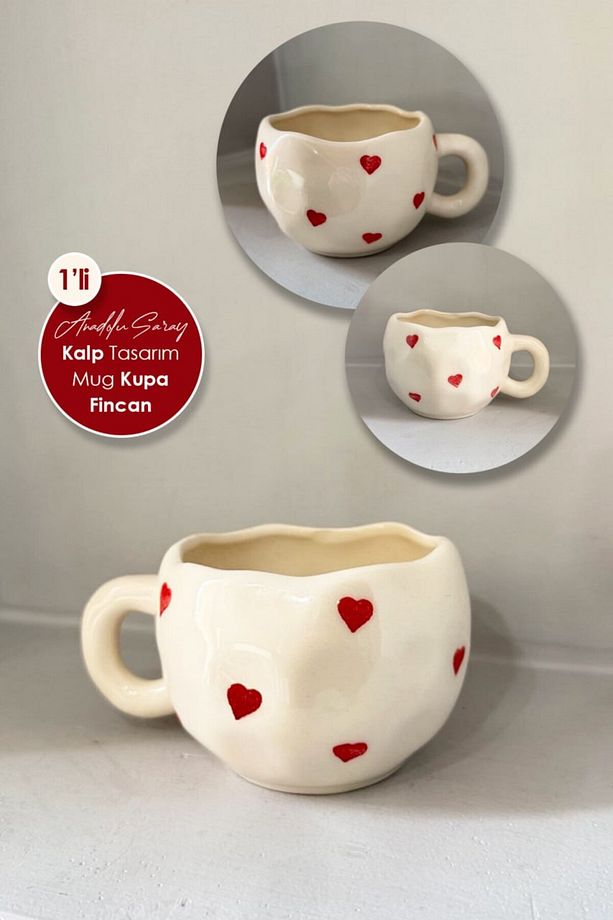 El Yapımı Seramik Kalp Damalı Mug Kupa Fincan |  Mug Fincan Kupa Kahve Kupası - 2