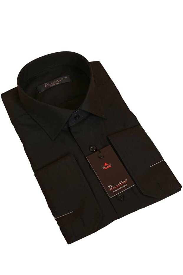 Black Narrow Cut Slim Fit Long Sleeve Solid Color Men's Shirt - 151-20
