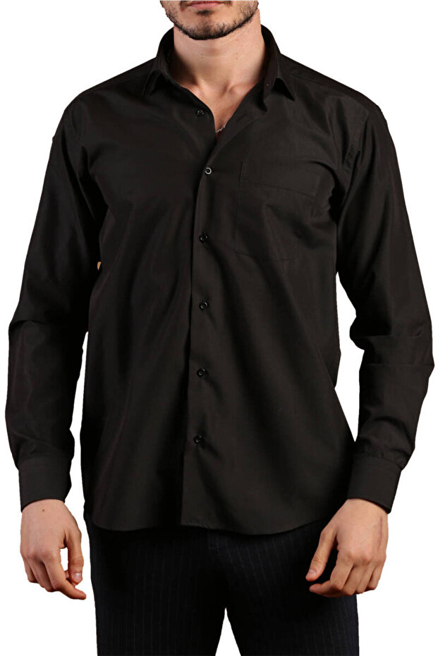 Black Large Size Relaxed Cut Pocketed Long Sleeve Regular Fit Men's Shirt - 150-20